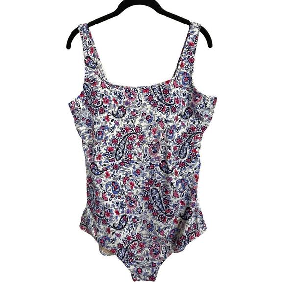 Lands End Paisley Floral‎ Blue Pink Sz Plus 18 Modest Women's One-Piece Swimsuit - Picture 1 of 6